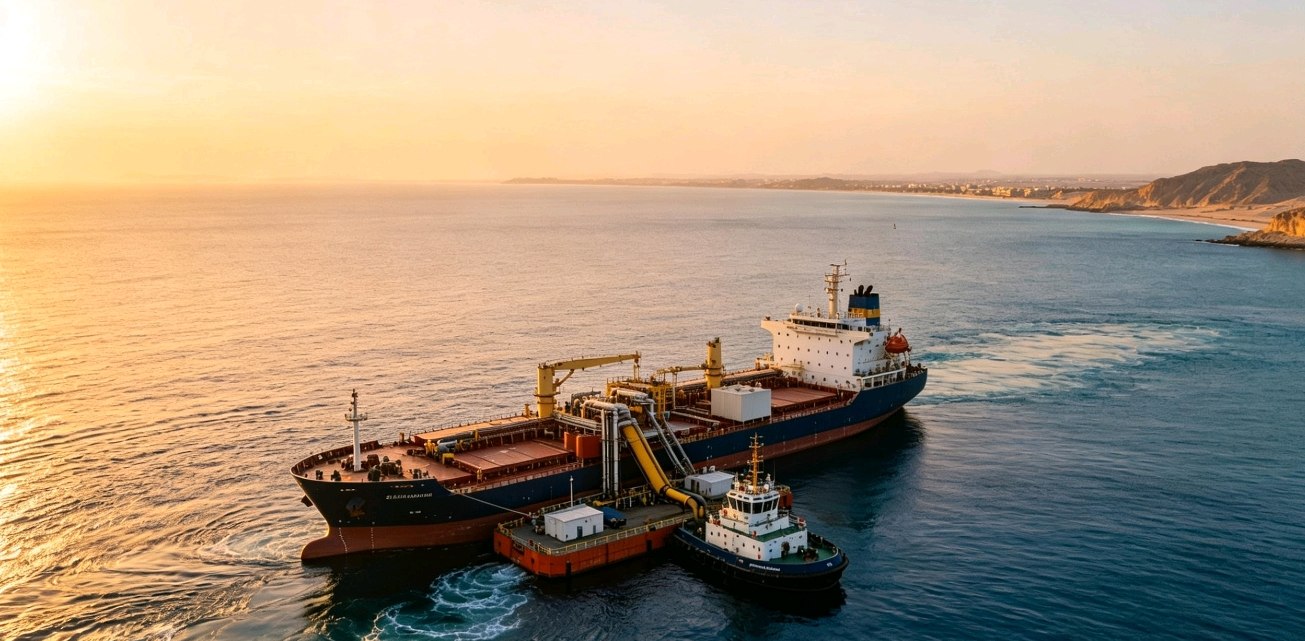 Tug and bunker barge servicing a cargo vessel in Omani waters